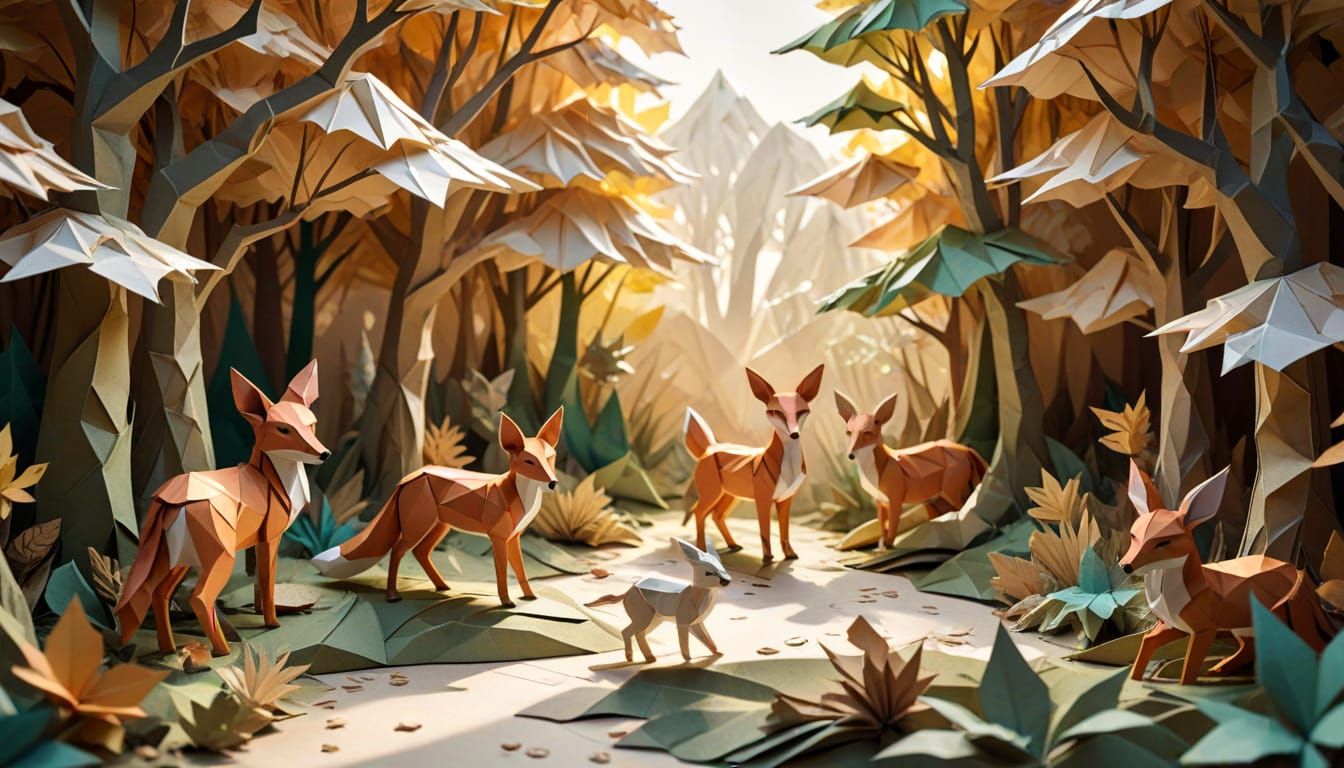 Origami Forest with Paper Animals in Sunlight