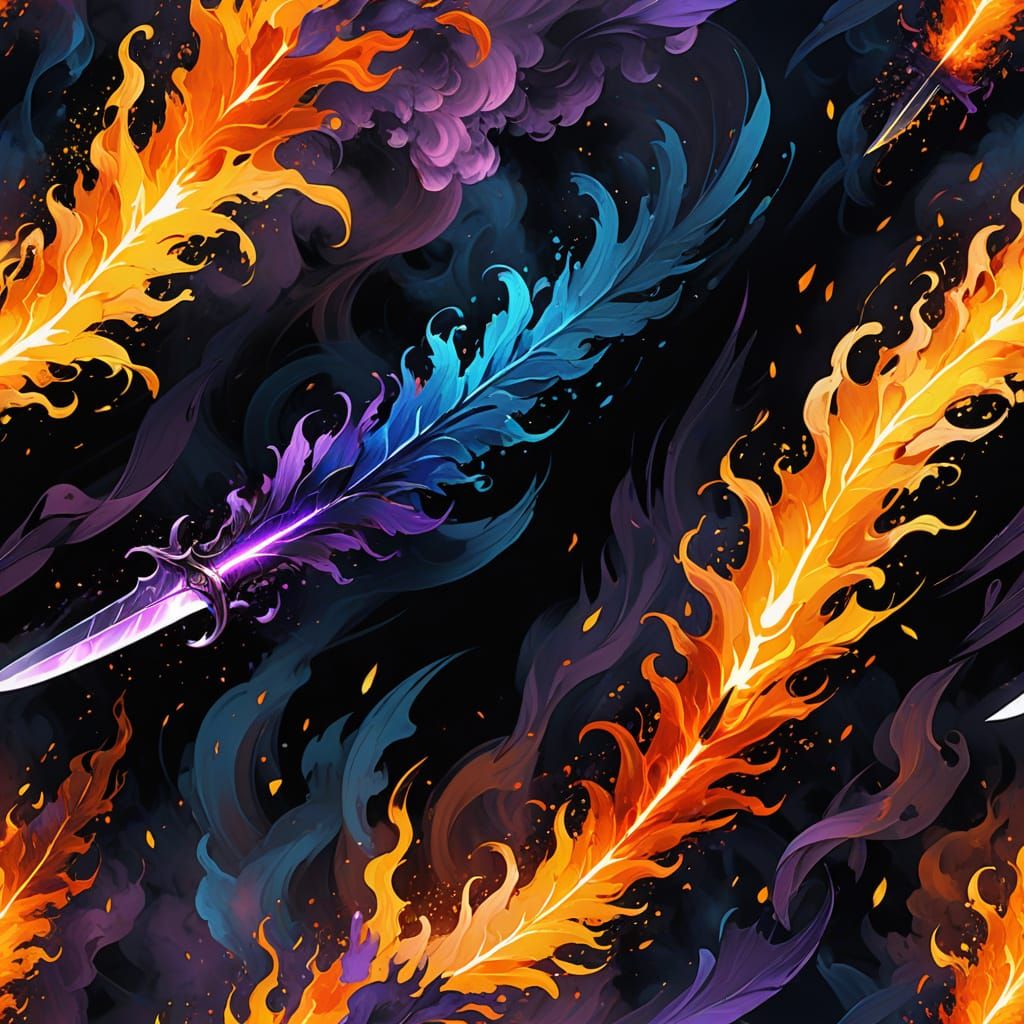 Vibrant Dreamscapes: Fiery Sword in Ethereal Vortex