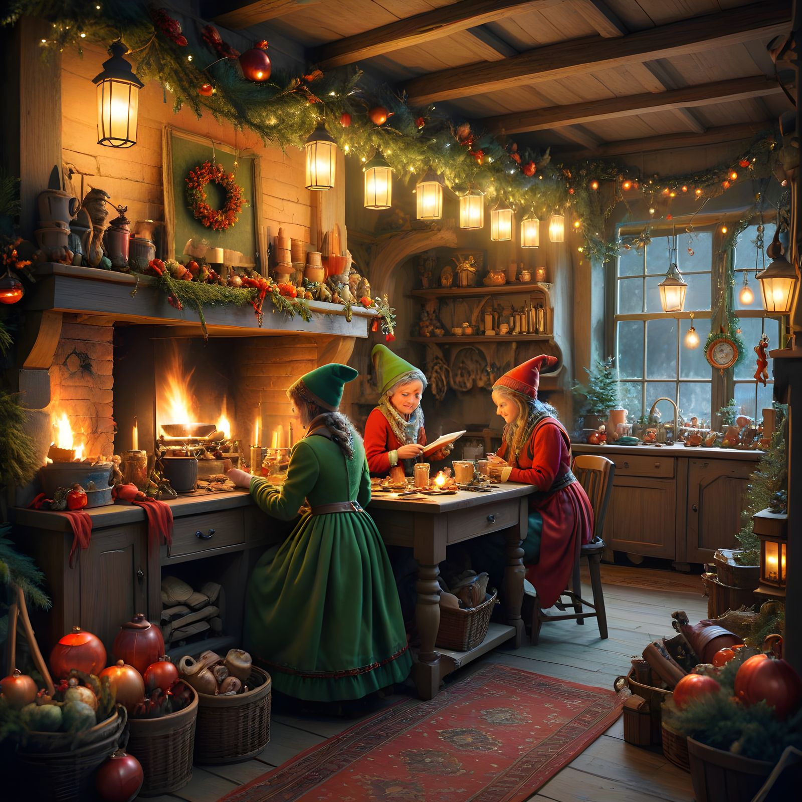Whimsical Elves in Cozy Christmas Workshop