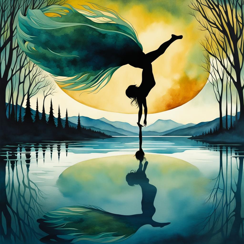 Woman Handstand on Lake, Digital Watercolor Art
