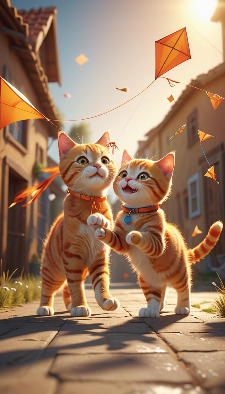 Happy Orange Cat and Kitten Walk Together