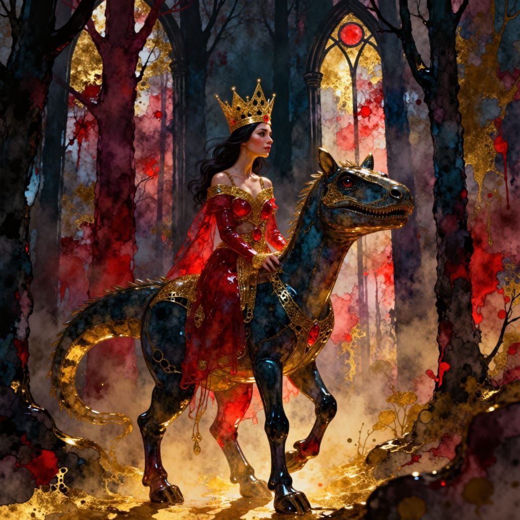 Queen Rides Jewel-Adorned T-Rex Through Castle Hall