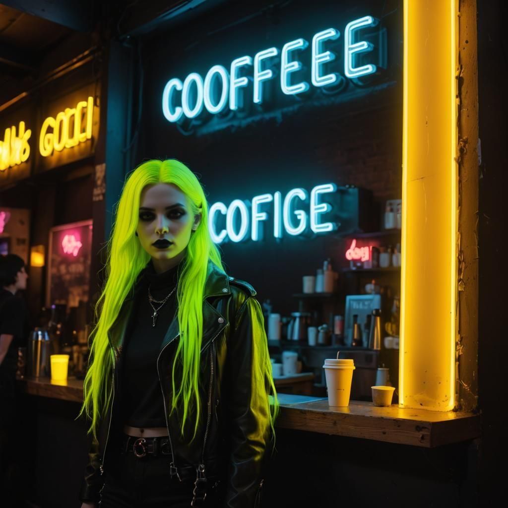 Goth Model in Neon-lit Cyberpunk Coffee Shop