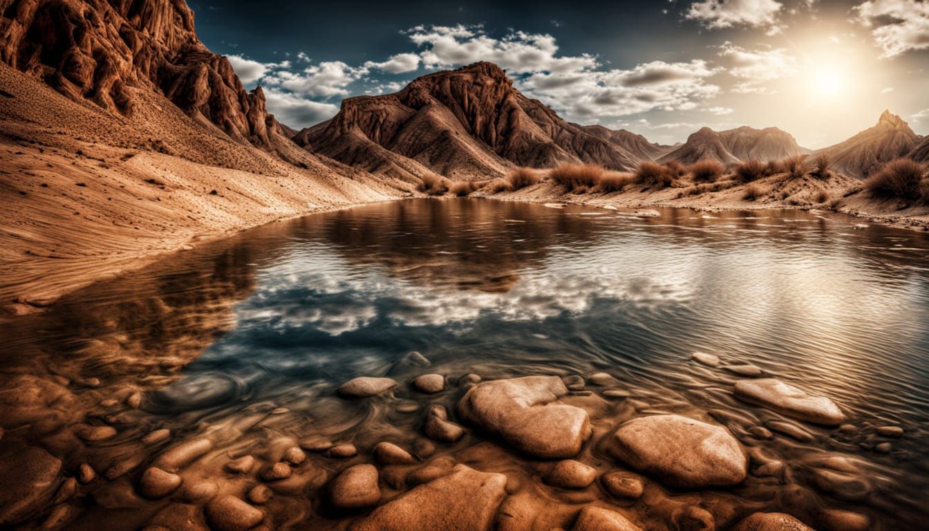 Moody Desert Water Still: Hyperrealistic Cinematic Shot