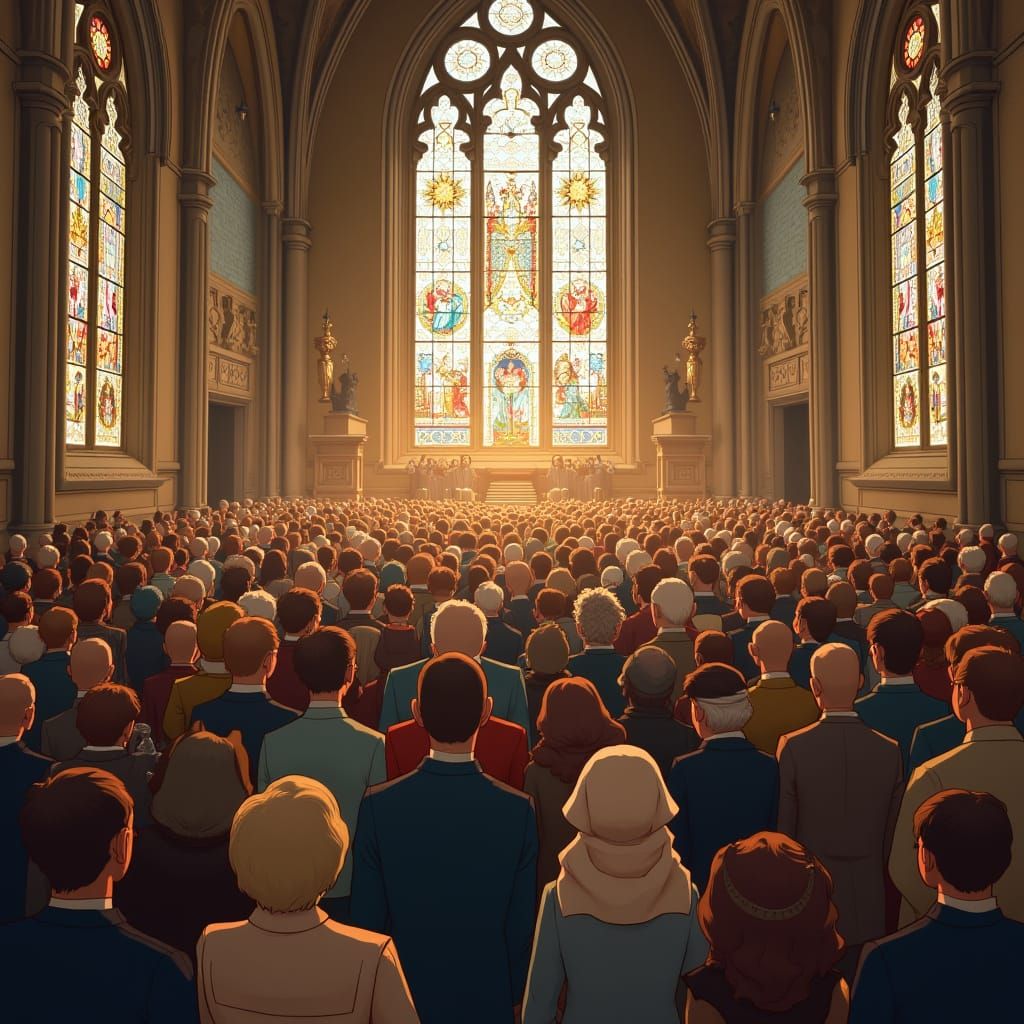 Diverse Congregation in Historic Church, Digital Art