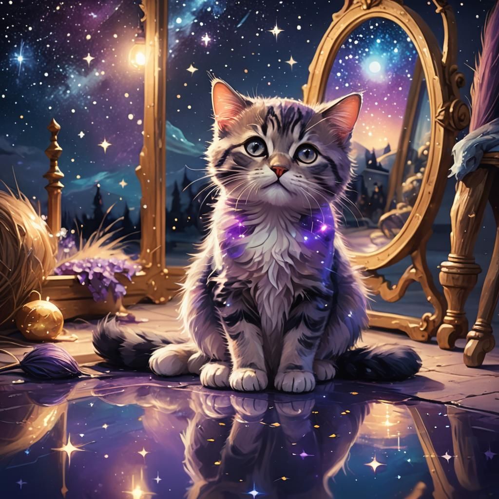 Cat Gazing at Starry Reflection: Fantasy Art