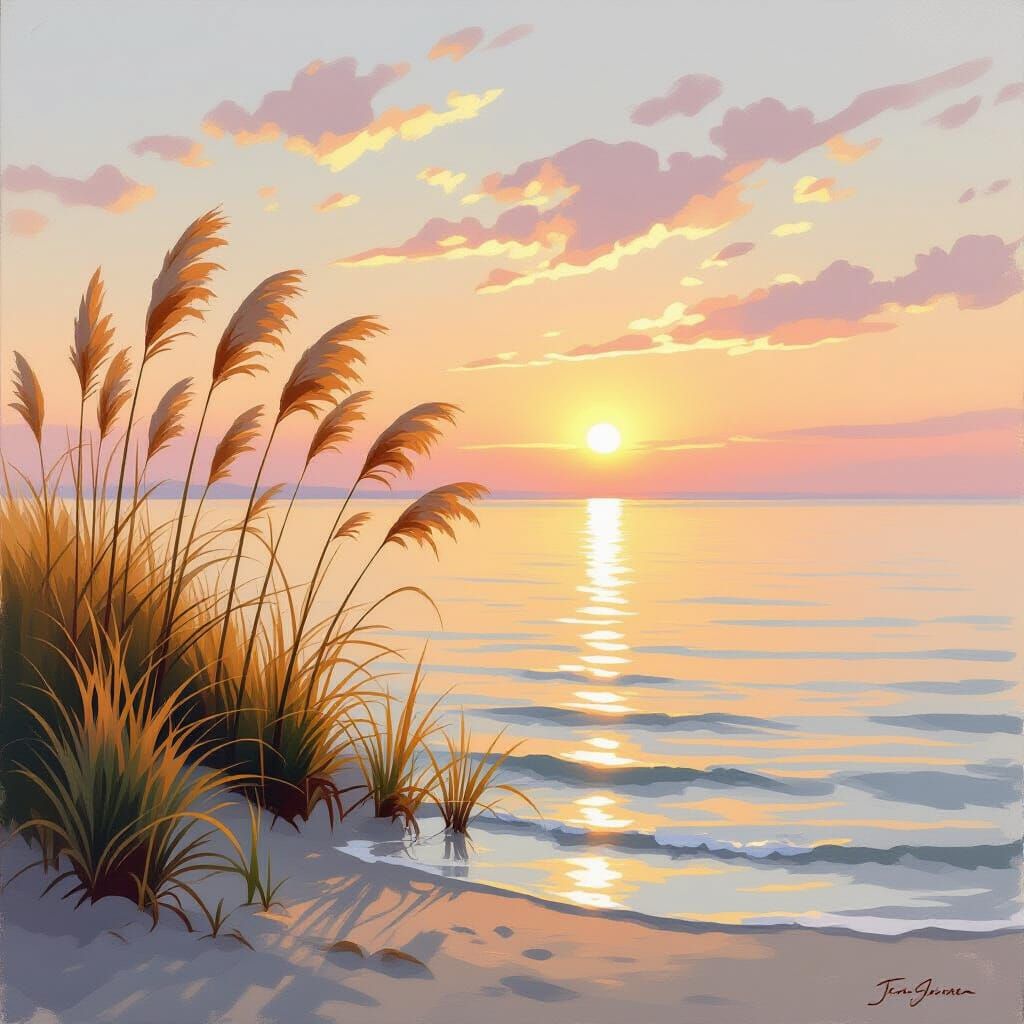Peaceful Coastal Sunset with Golden Grasses and Calm Sea