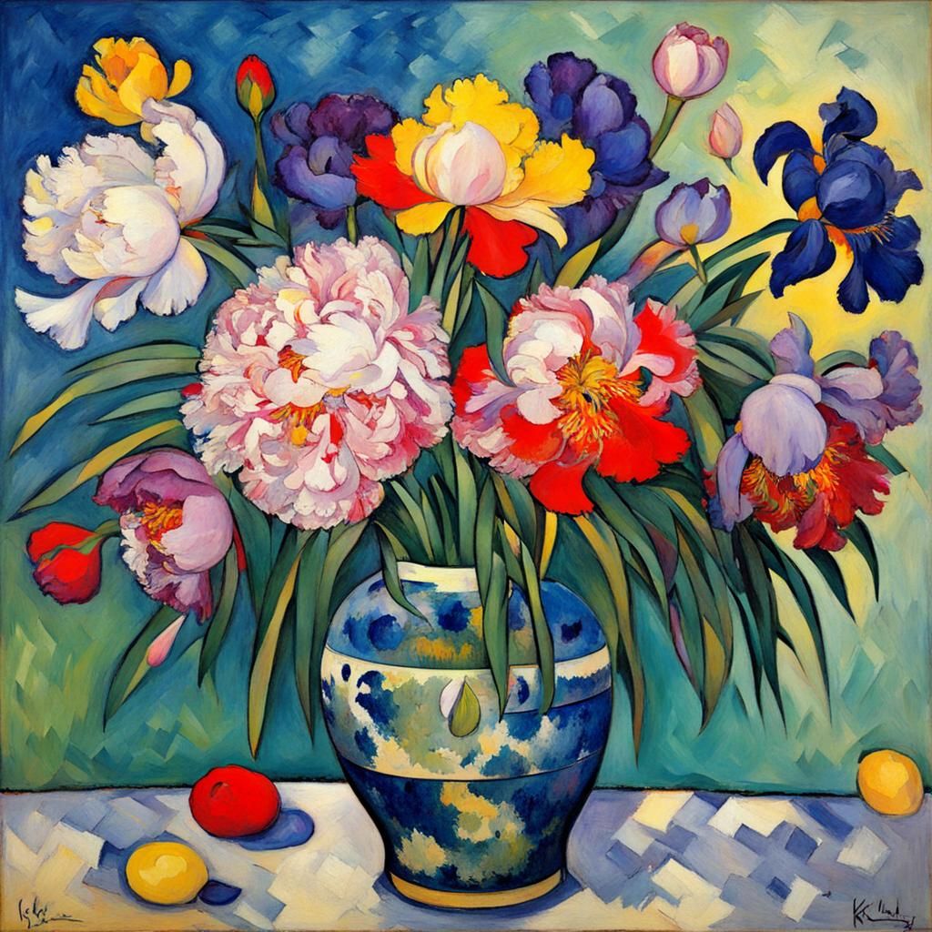 Peonies and Iris in Abstract Expressionism Style