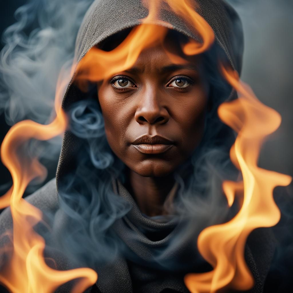Striking Woman's Portrait with Fire and Smoke Effects