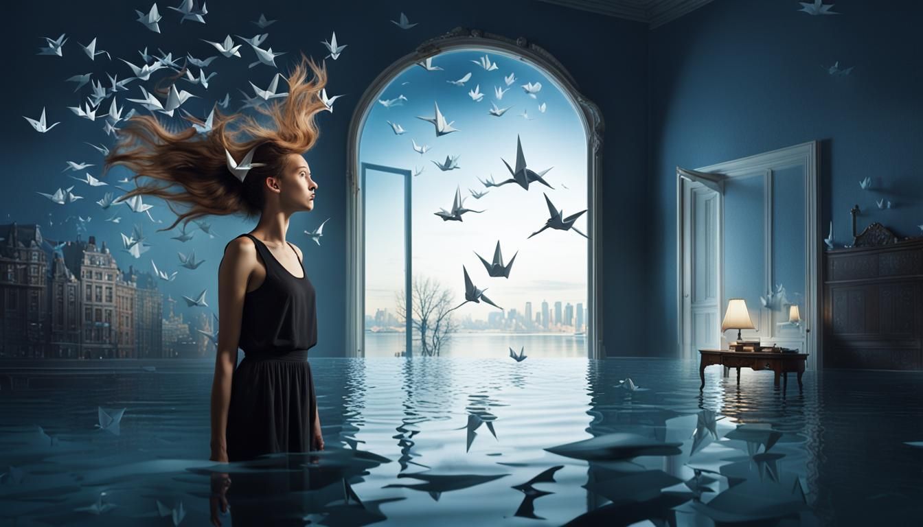 Woman's Hair Turns into Origami Cranes