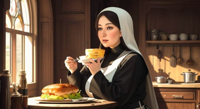 Plump Nun Enjoys Feast in Gigantic Kitchen