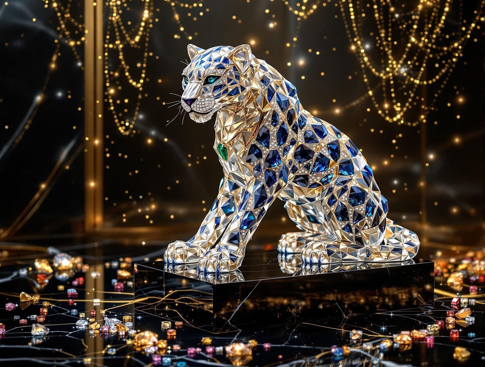 Luxurious Crystal Panther Sculpture in Baroque Style