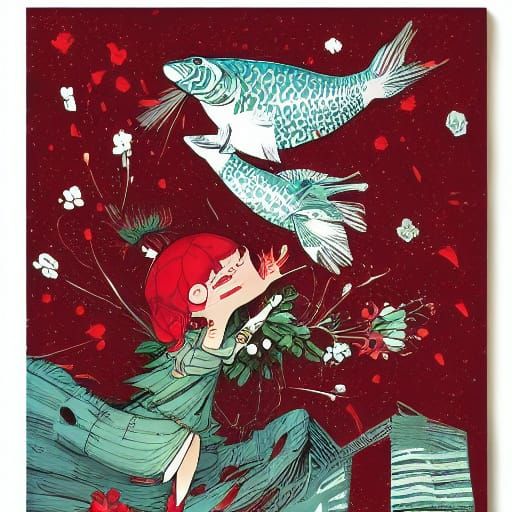 Cute Girl with Axolotls in Vibrant Red