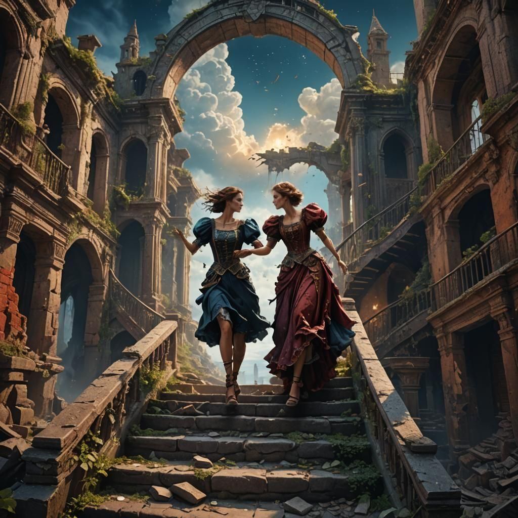 Lovers Dancing on a Crumbling Staircase