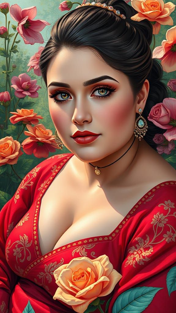 Ukrainian Woman in Garden: Polychromatic Oil Painting