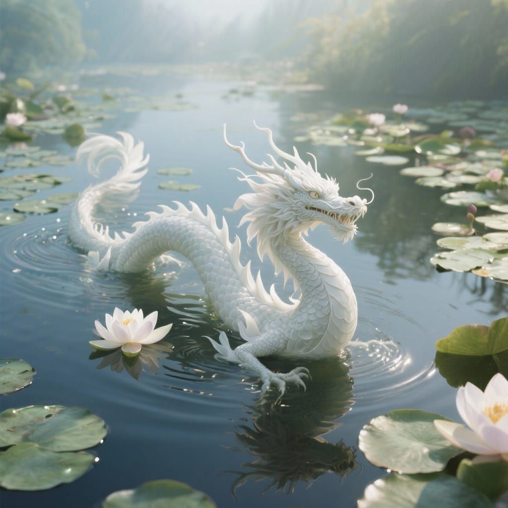 Aquatic Dragon of Lotus Petals on Tranquil Pond