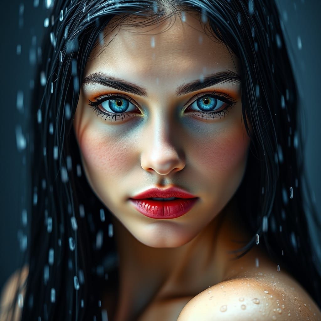 Beautiful Woman Under Shower Spray in Photorealistic Style