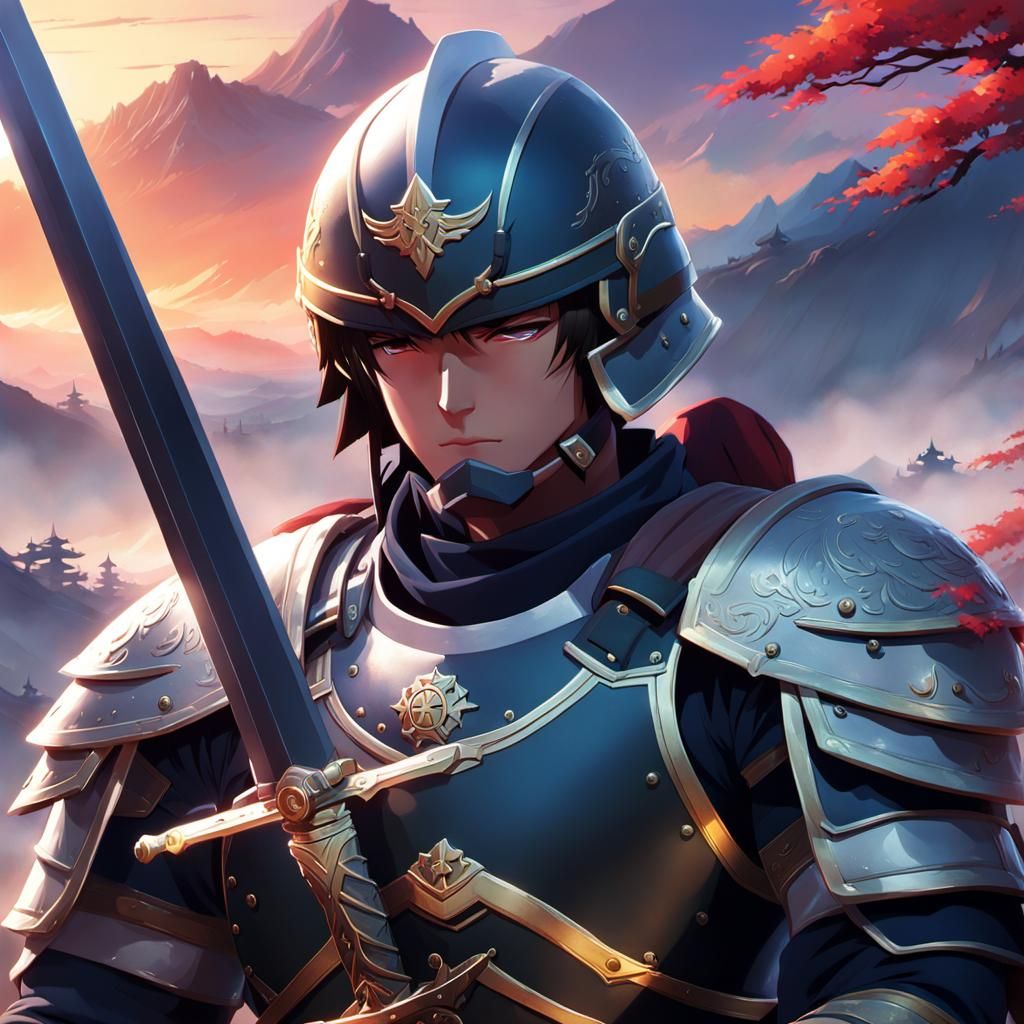 Weary Soldier in Anime Style with Dusk Landscape