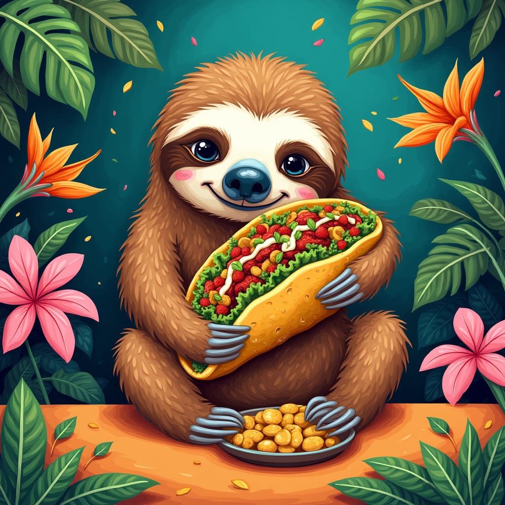 Vibrant Sloth Savoring a Colorful Taco in Tropical Paradise