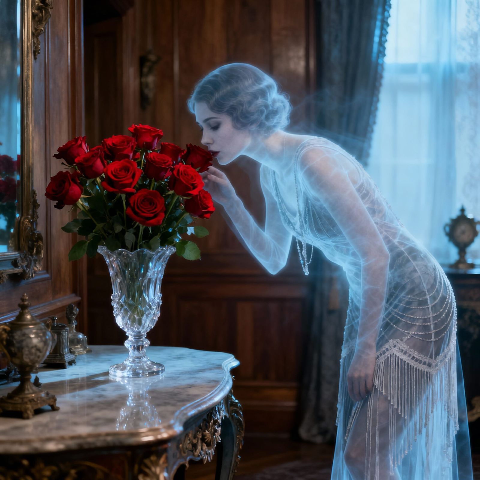 Ghostly Flapper Sniffs Red Roses in Antique Room