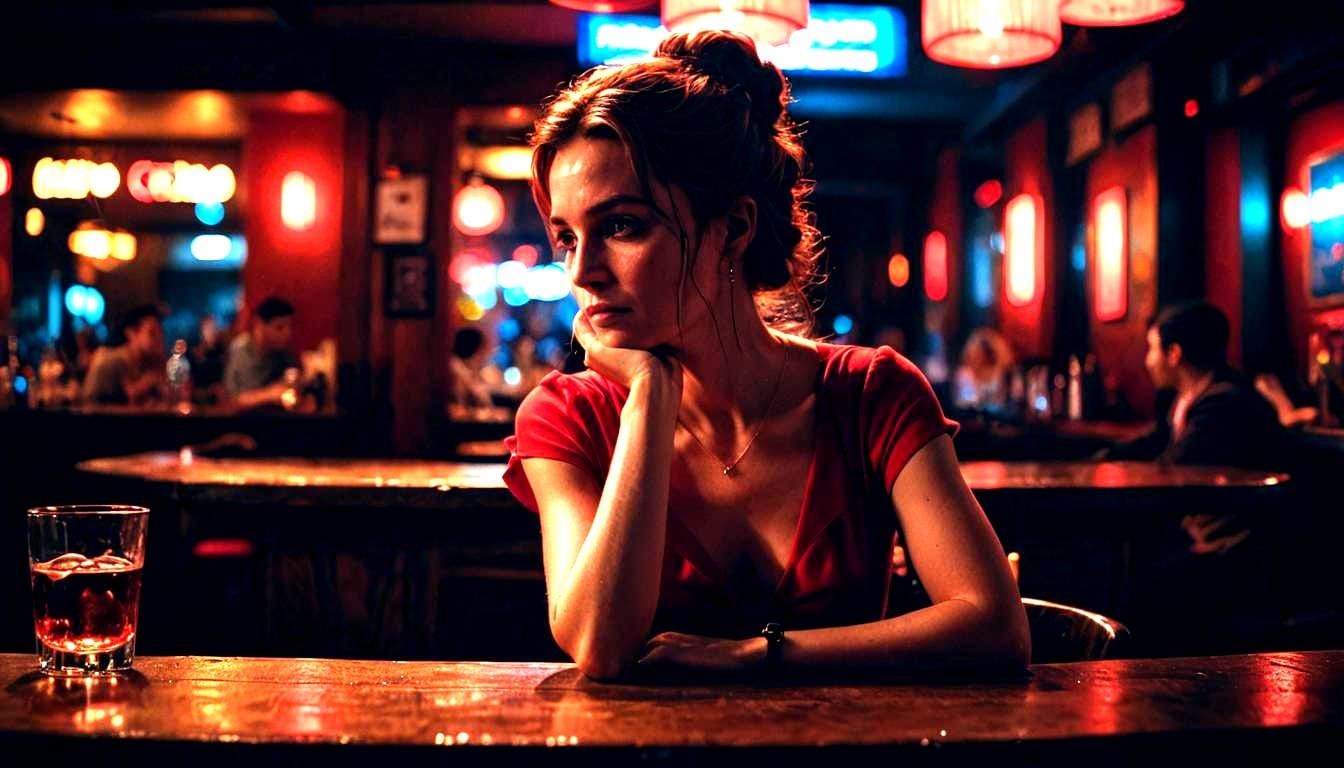 Woman in Red Dress at Neon Lit Bar