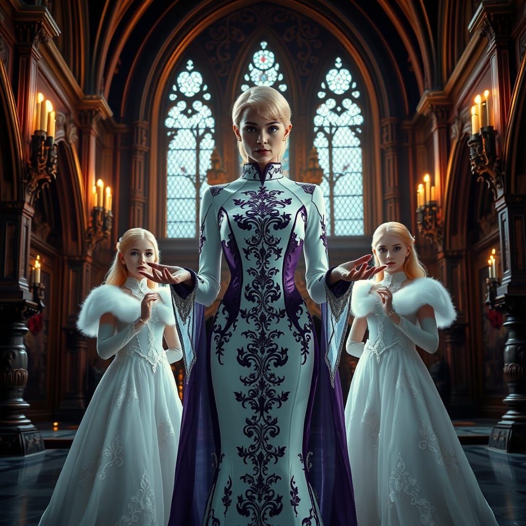 Regal Blonde Dominant in Latex and Fur Before Ornate Altar