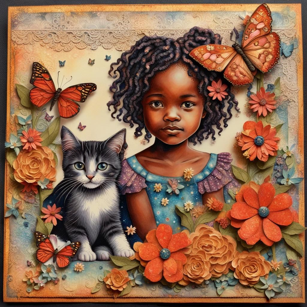 Child with Kitten, Flowers, and Stars in Graphic Style