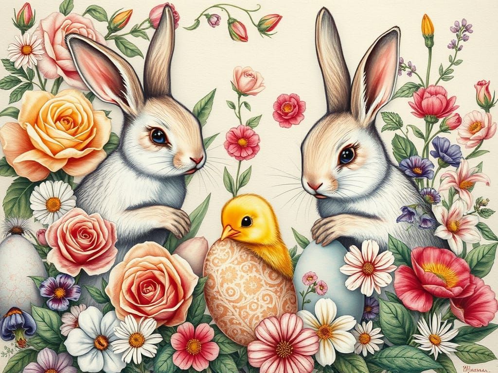 Bunnies Painting Easter Eggs in Renaissance Style
