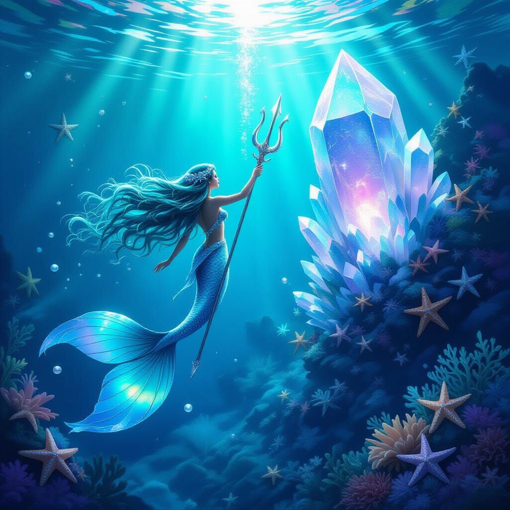 Ethereal Mermaid with Pearlescent Trident in Surreal Underwa...