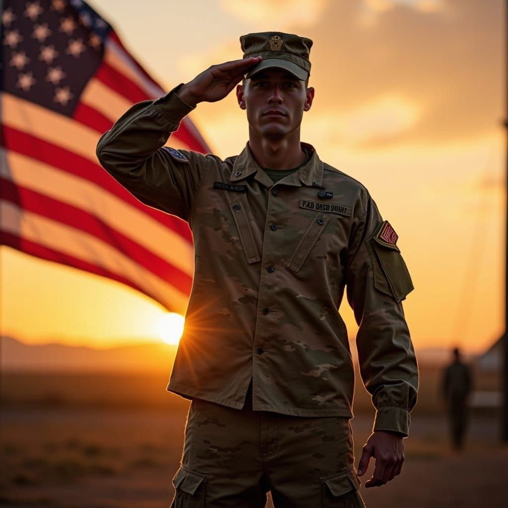 Soldier Silhouette Saluting Flag at Sunset