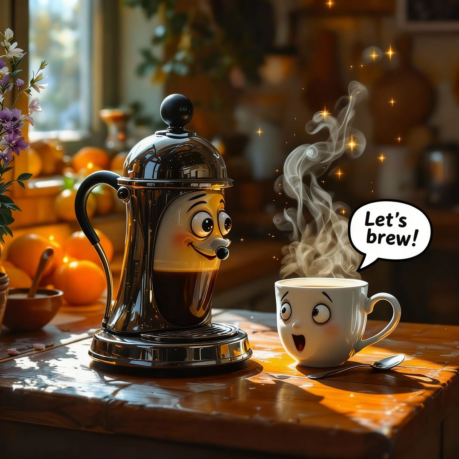 Coffee Machine Charms Tea Mug in Magical Realism Oil Paintin...