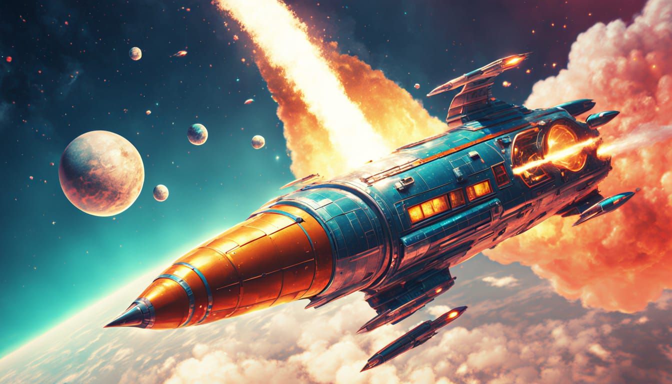 Retro Rocket Ship Flying Through Space