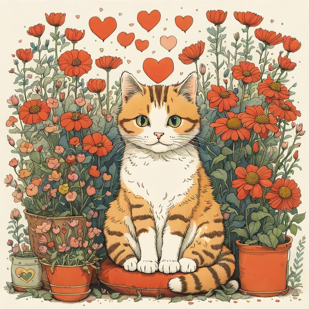Cat Surrounded by Flowers in Adolfsson Style