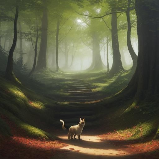 Girl and Dog in Forest, Dreamy Oil Painting