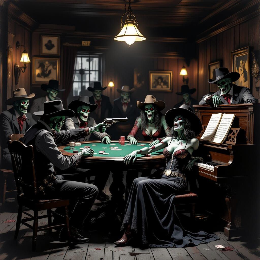Grotesque Zombie Poker Game in Wild West Saloon