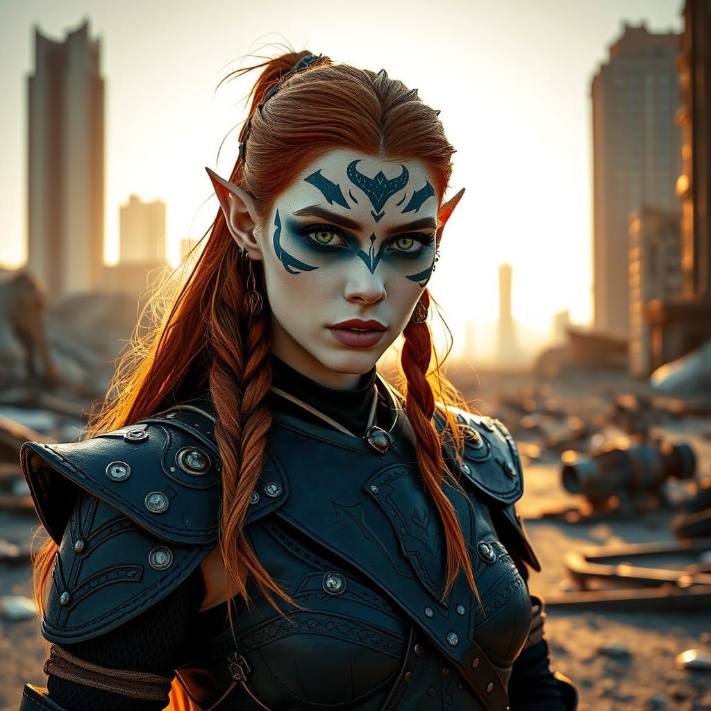 Elegant Elf Warrior in Post-Apocalyptic Ruins