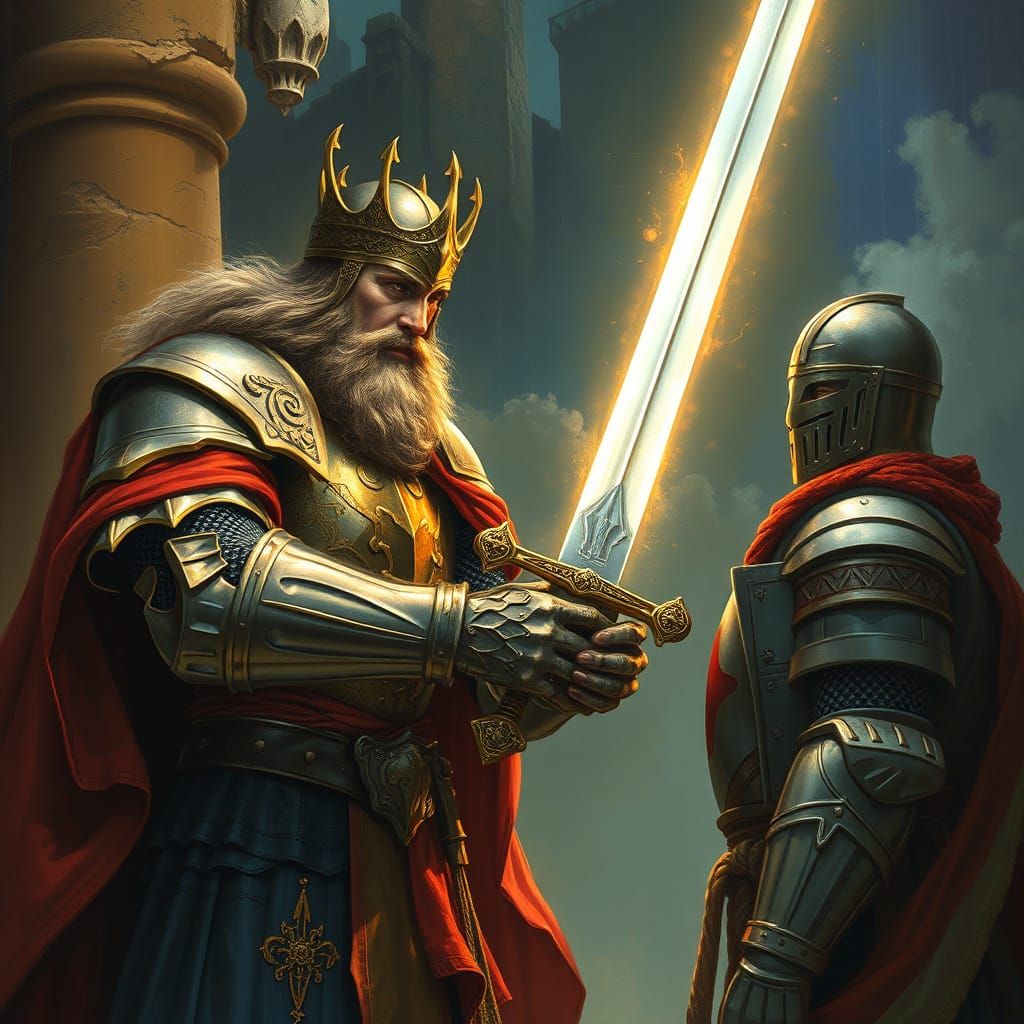 King Arthur Hands Excalibur in Dreamlike Romanticism