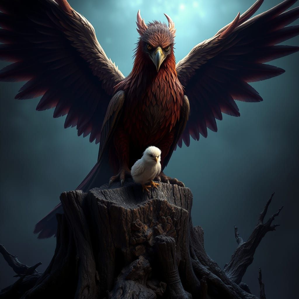 Majestic Griffin Guards Young in Dark Fantasy Landscape