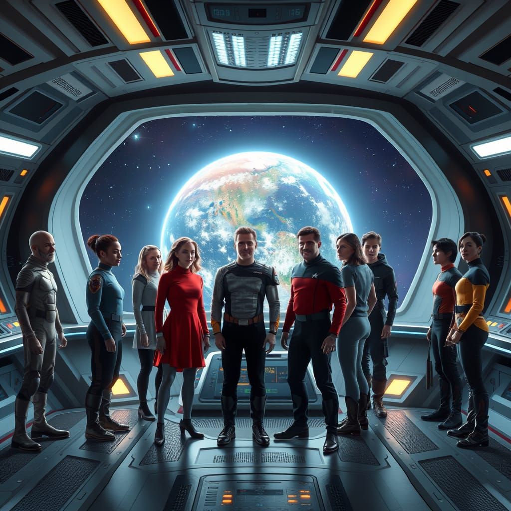 Diverse Crew Charts Unknown Space in Cinematic Style