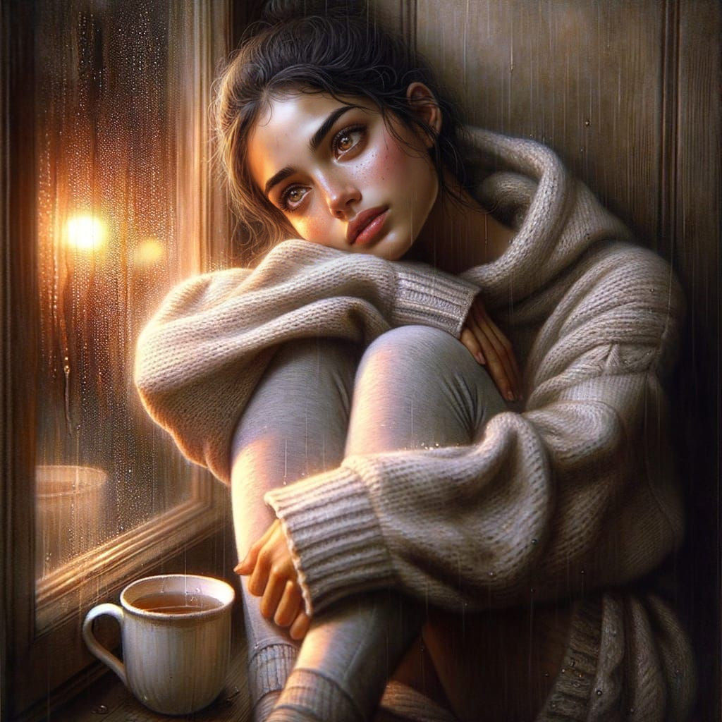 Semi-Realistic Watercolor Woman Gazing Out at Rainy Evening