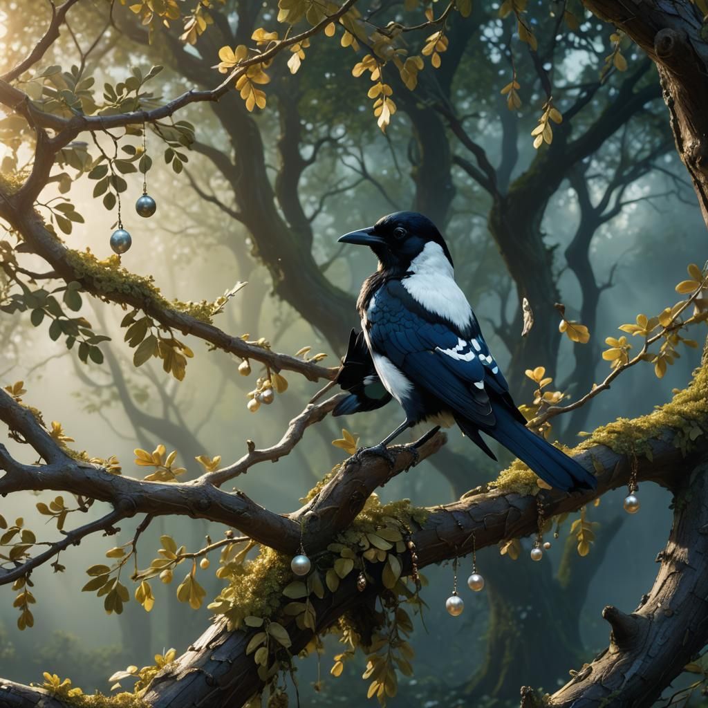 Magpie with Pearl Necklace in Fantasy Matte Painting