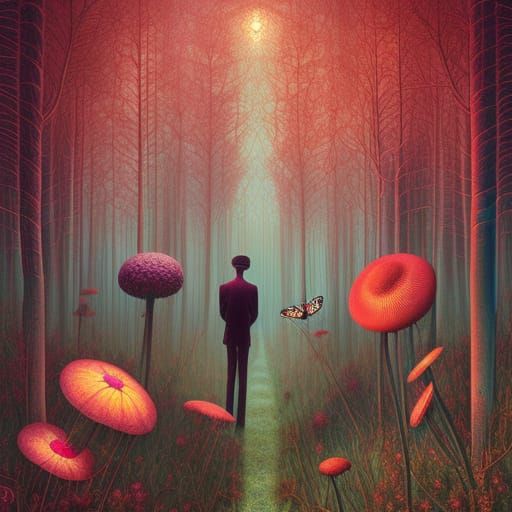 Man, Death, and Birds in a Fairytale, Magic Realism Style