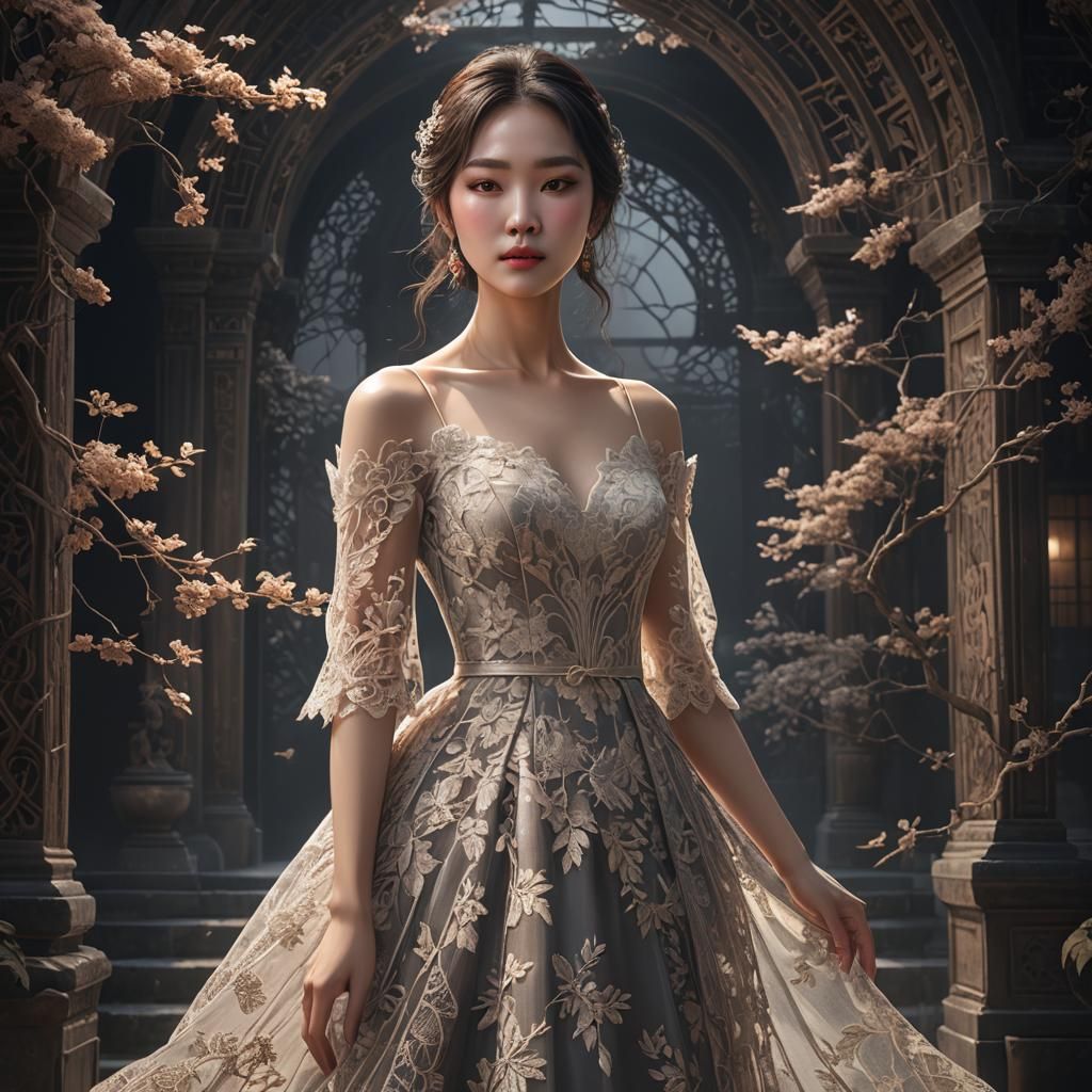 Elegant Korean Woman in Lace Dress: Matte Painting