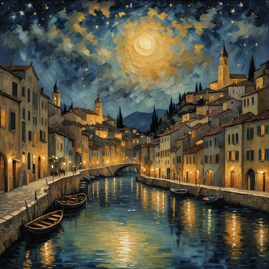 Impressionist Nocturnal Mediterranean River Scene with Starr...