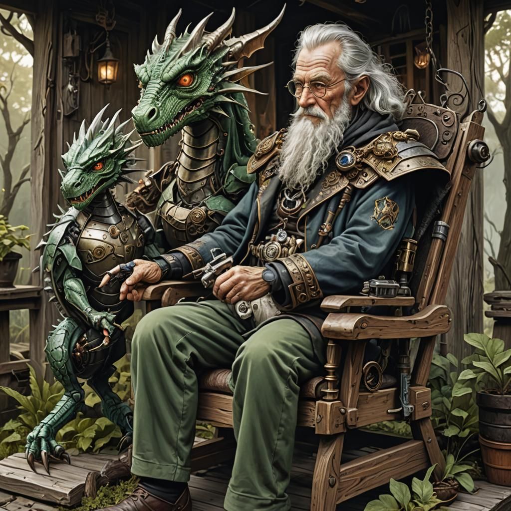 Warlock and Cyborg Dragon in Epic Fantasy Style