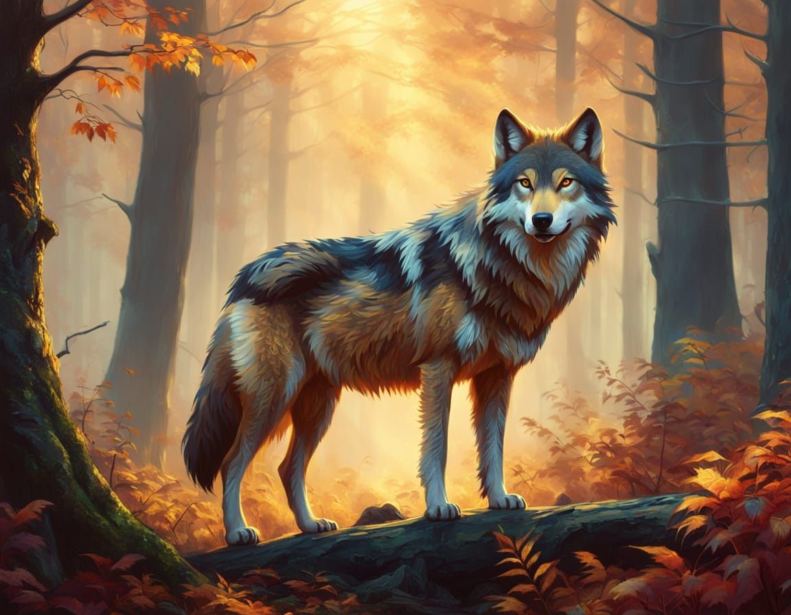 Misty Forest Wolf Creature in Warm Autumn Light