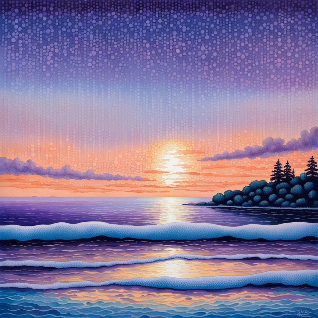 Twilight Seascape with Gentle Waves in Pointillist Style
