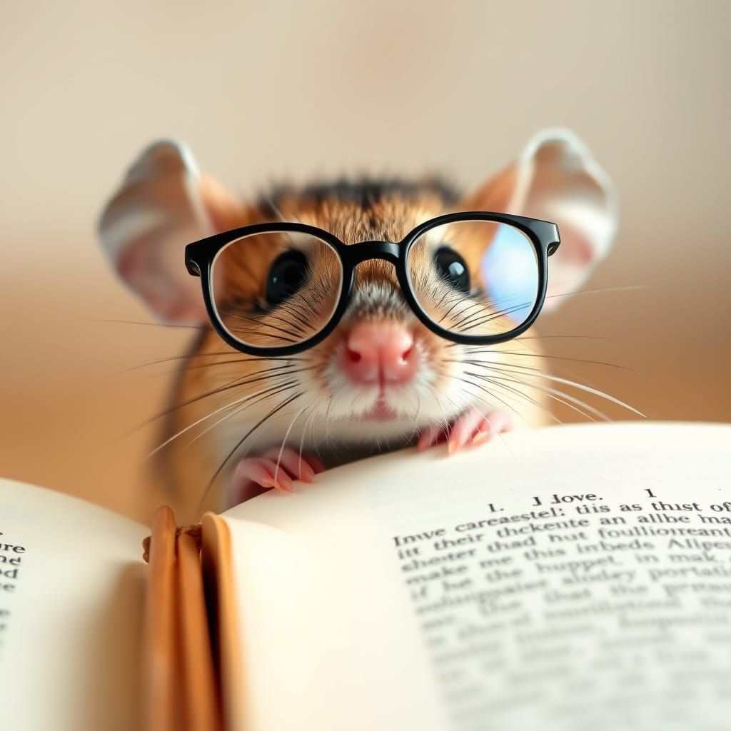 Shy Mouse Reading Book with Glasses