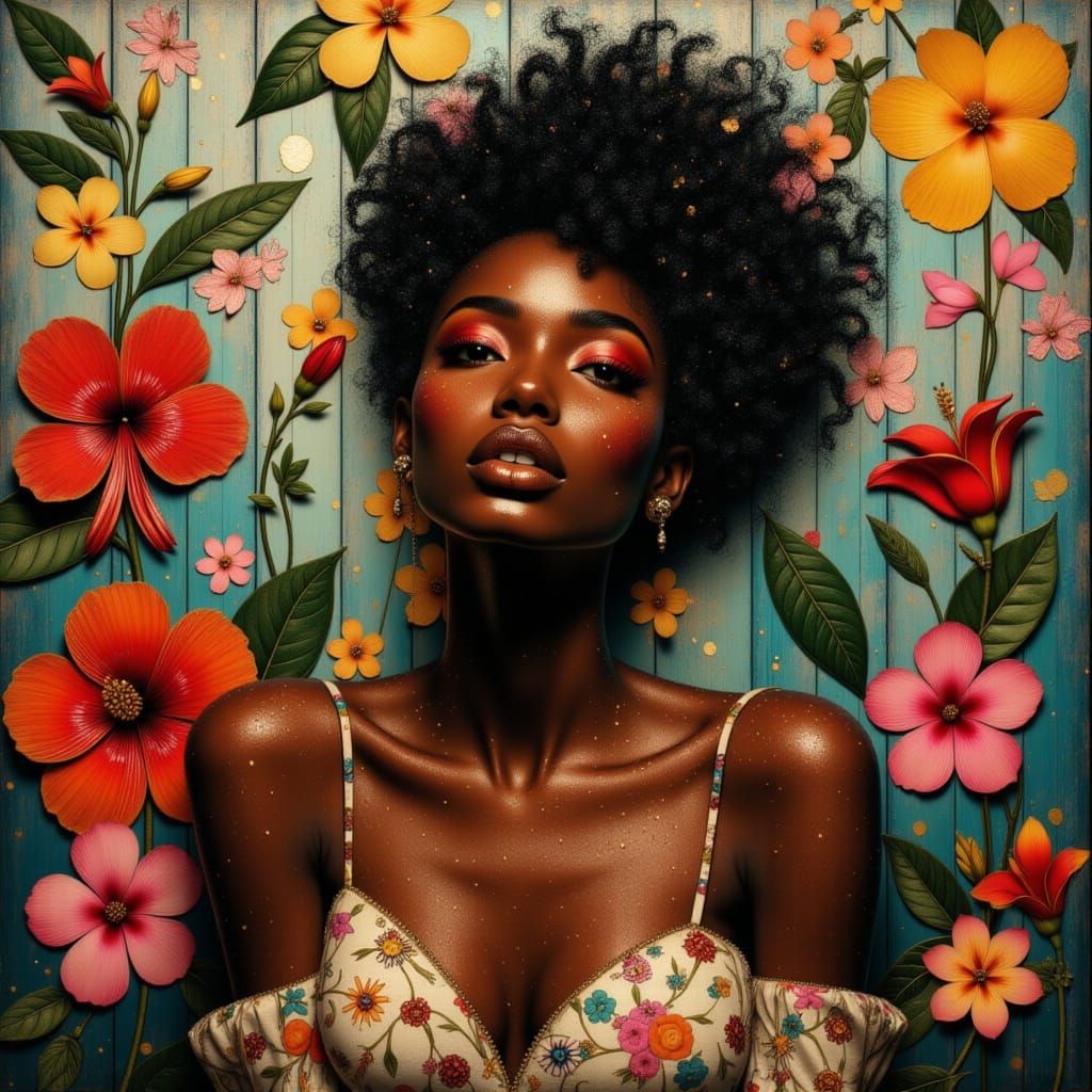 <lora:ChrOmaTikA:1.0> <lora:Shadow whimsy:1.0> Closeup Insanely detailed Full-body shot of a gorgeous black woman in the...