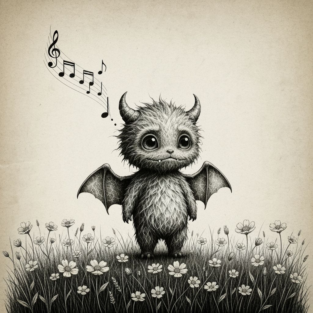 Gentle Monster Sketch with Musical Notes in Monochromatic St...